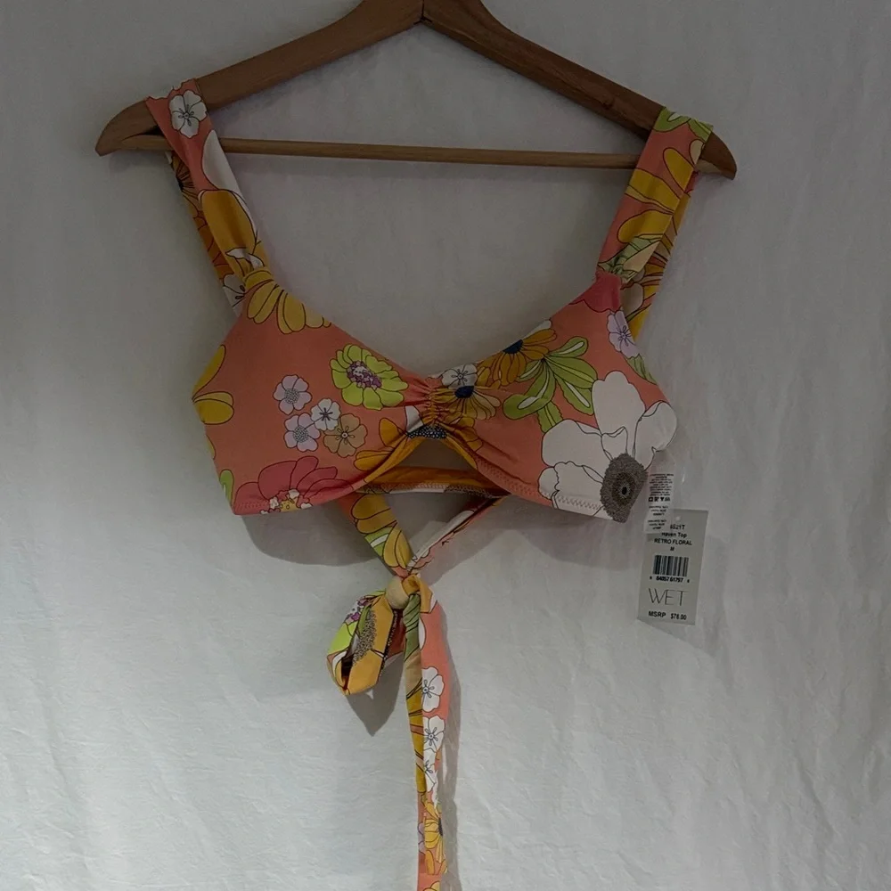 Wet Retro Floral Bikini Top - Pink and Yellow